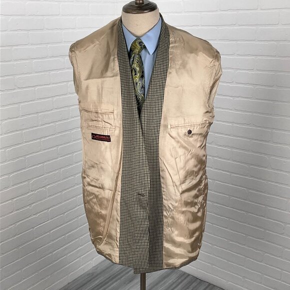 Oradinum Blazer Men 44 Tan Green Houndstooth Double Breasted Polyester Romainia‎ - Picture 6 of 16